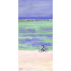 summer mood. kids on a bike by the ocean. seascape original painting 11x5.5''
