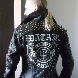 Studded leather jacket with logo
