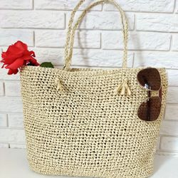 Large Straw tote Crochet Raffia bag Straw beach Bag Summer Tote Bag Woven bag