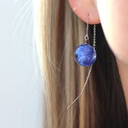 Classic Blue Cornflower Earrings - Boho Threader Ball Earrings For Casual Wear - Crystal Clear Ball Earrings For Her - G