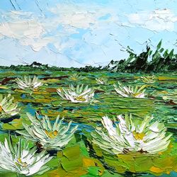 Water Lily Painting Flowers Artwork Floral Art Landscape Oil Painting 11 by 15 by Svitlana Verbovetska