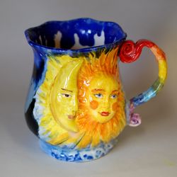 Sun and moon Handmade ceramic mug Sculpture mug Galaxy big mug Blue and yellow Large bright mug ,rainbow decor Face mug
