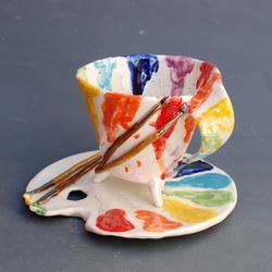 Tea cup and saucer set Artist's palette Coffee mug and plate Handmade Porcelain Rainbow Art mug Artist gift