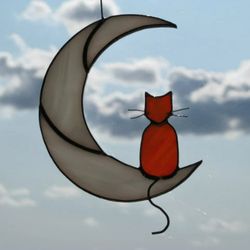 Ginger Cat On The Moon stained glass window hanging Suncatcher. Gift for animal lover, pet loss memorial outdoor, orange