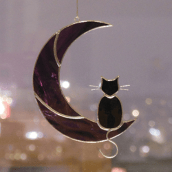 Black Cat On The Purple Moon . Art stained glass window hanging Suncatcher. Gift for animal lover, pet loss memorial