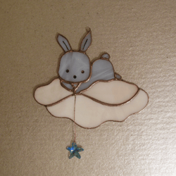 Easter Bunny Rabbit  Flying on Cloud with Star . Swarovski Сrystals . Stained glass window hanging Suncacher