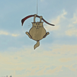 Fat Gray Cat Hanging from a Tree Branch . Stained glass window suspension Suncatcher