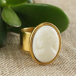 Lady Cameo Cream White Adjustable Ring Vintage Glass Oval Cameo Ivory Golden Gold Plated Free Size Ring Jewelry 4412