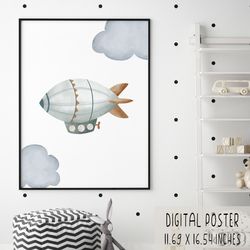watercolor airship digital poster, airplane digital poster for nursery