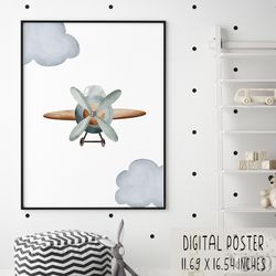 Watercolor airplane digital poster for nursery wall decor