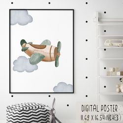 Watercolor airplane digital poster for nursery wall art