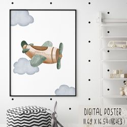 watercolor airplane digital poster for nursery wall art