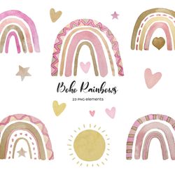 pink watercolor rainbow clipart. boho rainbows png