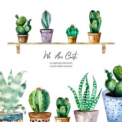 Watercolor cactus clipart, PNG cacti succulents in pots