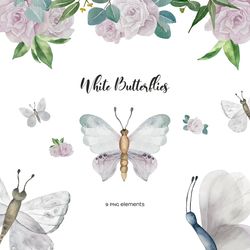 Watercolor butterfly clipart. Five white butterfly with roses