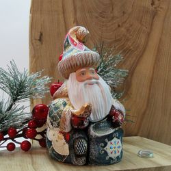 Collectible Russian Santa Claus with a bird, hand carved Santa, hand painted sculpture, Carved Santa