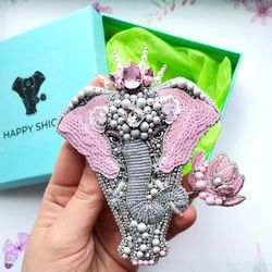 Elephant jewelry brooch beaded with lotus flower