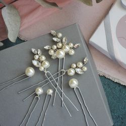 Set of seven pearl hair pins for bride / Wedding hair pieces set / Silver or Gold / White, Ivory, Light Pink, Champagne