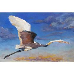 Heron Painting Bird Flight Original Art Feathered Artwork Bird Wall Art 8 x 12" by Svetlana