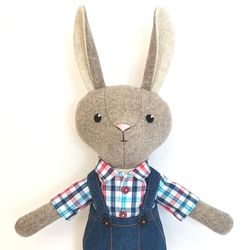 Gray bunny boy, wool plush doll, handmade stuffed rabbit