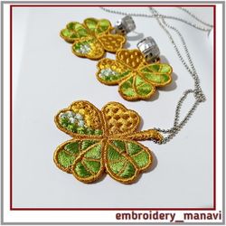 In the hoop embroidery design FSL jewelry clover leaf earrings brooch pendant