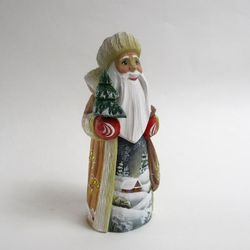 Wooden Russian Santa with winter scene, Collectible Russian Santa 5 inch tall, Hand carved sculpture, Santa carved