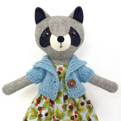 Gray raccoon girl, handmade stuffed toy, wool plush animal doll