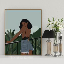 Beautiful black girl art, green wall decor, PRINTABLE poster, melanin woman art, african american art, girl on vacation