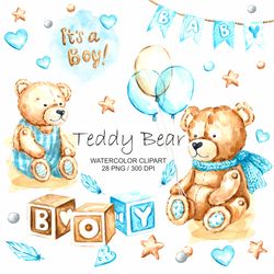 Baby Boy Clipart Watercolor Teddy Bear Clipart Baby Shower PNG