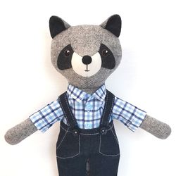 Gray raccoon boy, wool stuffed doll, handmade plush raccoon toy