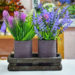 Interior flowerpots. Decorative set with 2 vases. Lavender on a pallet