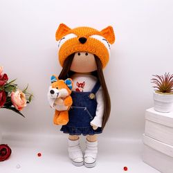 Textile Doll Tilda with one stunning Fox Rag doll Handmade Dolls Custom Doll Art Doll Personalized Doll Cloth Doll