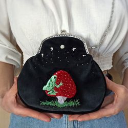 goblincore frog purse (celestial coin purse with moon phases, mushroom; aesthetic black velvet beaded cross shoulder bag