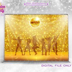 Disco party backdrop, Dance birthday background, Gold glitter banner