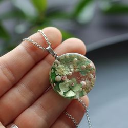 : antique resin green dried flowers necklace - boho & hippie necklace - classic stainless steel chain necklace