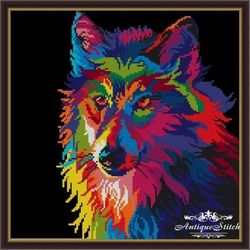 Rainbow Wolf Cross Stitch Pattern PDF Modern Funny Animal Color