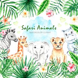 Safari Animals Clipart, Watercolor Baby Animals Clipart, Jungle Baby Shower PNG, Elephant, Lion, Zebra, Hippo, Giraffe
