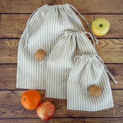 Reusable striped linen produce bags set, Drawstring reuse grocery bag for food storage, Washable cloth vegan bag.