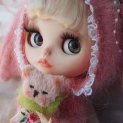 Custom Blythe doll OOAK Little Bunny with a bear toy and 2 sets of clothing