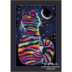 Rainbow Cat and Moon Cross stitch Pattern PDF Modern Funny Color Animals