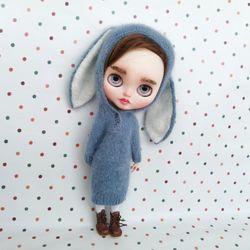 Blythe dress with hood and bunny ears, hand knitted from angora