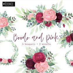 Peony Roses Watercolor Floral Bouquets Wreaths, Bordo Wine Pink Marsala Burgundy Flowers, Wedding Clipart, boho PNG