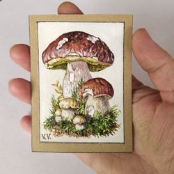 ACEO Original Art Mushroom Small Art Botanical Mini Card 3,5x2.5 inches