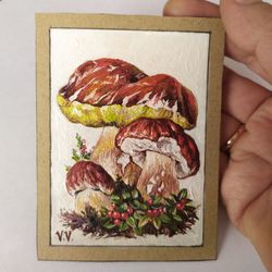 ACEO Original Art White Mushroom Painting Collection card 3,5x2.5 inches
