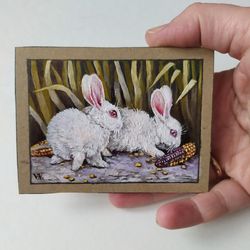 White Rabbit Aceo Original Art Collection card Animal mini painting Artist Trading cards