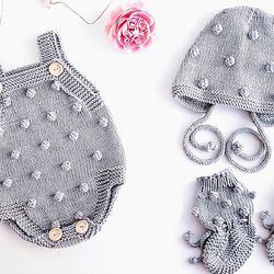 KNITTING PATTERN: Baby Romper, Bonnet and Booties "Little Mouse" PDF Knitting Pattern / Baby Set / 5 Sizes