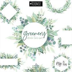 Greenery Wreaths Watercolor Floral Clipart Green Leaves Wreaths Frames Borders PNG Branche Eucalyptus Wedding invitation