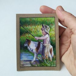Boy Aceo Original Art Fishman small painting Collectible card Artist Trading cards 3.5x2.5 inches