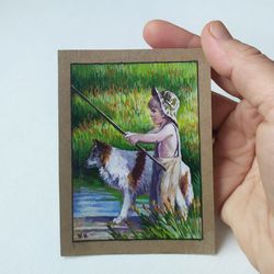 boy aceo original art fishman small painting collectible card artist trading cards 3.5x2.5 inches
