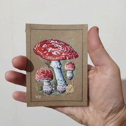 aceo original art fly agaric painting mushroom miniature botanical trading card